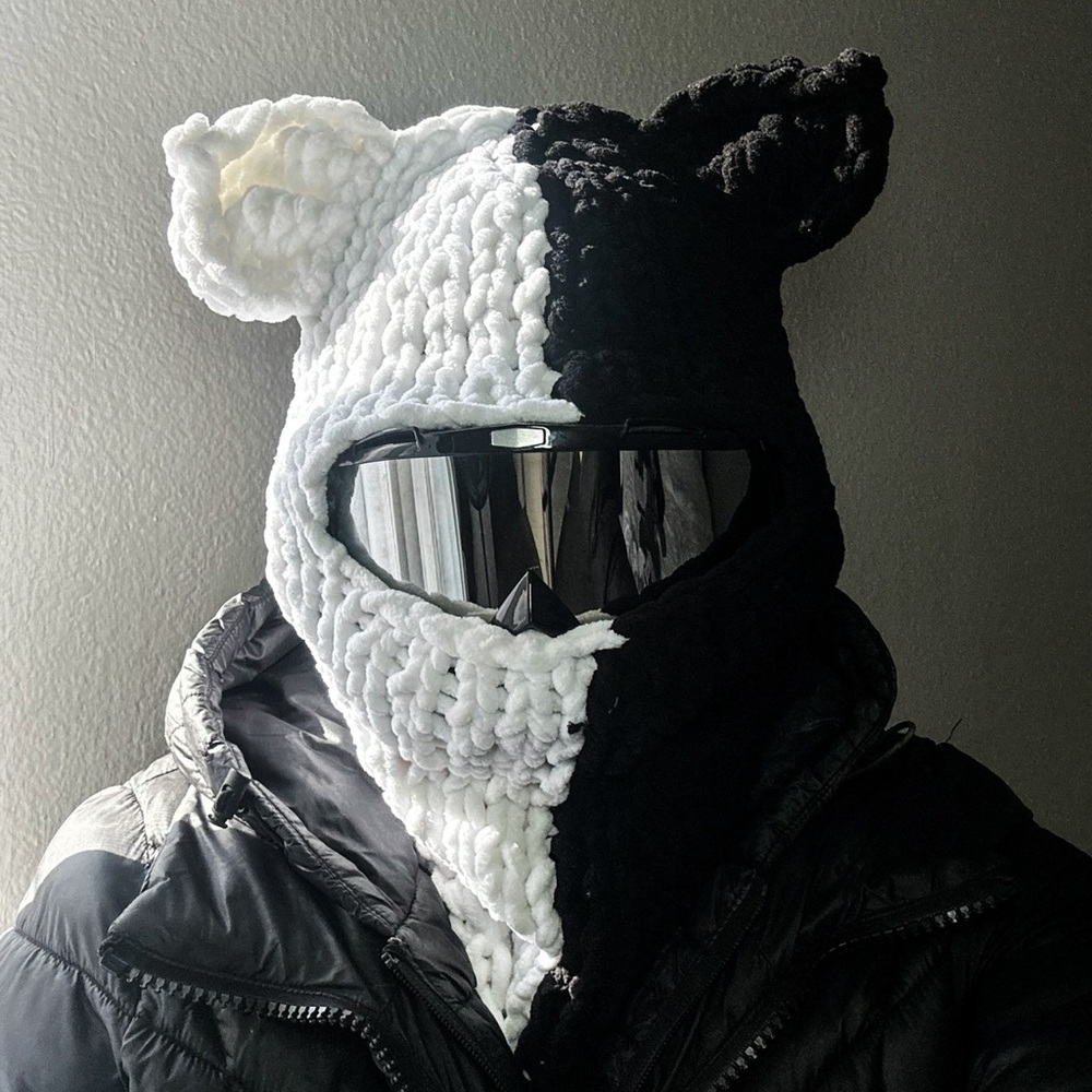Black and White Knit Balaclava with Ears